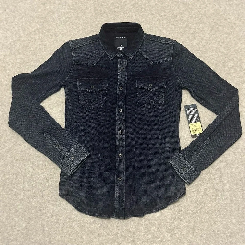 True Religion Shirt Kids XL Indigo Knit Button-Up Shirt Long‎ Sleeve Casual